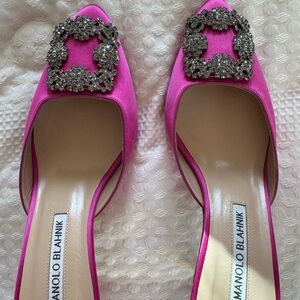 Manolo Blahnik Fuchsia Satin Heels with Embellished Buckle